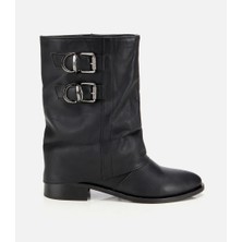 Hotiç 01BOH315750A100 KADIN Deri Siyah Tokalı Kırışık Görünümlü Kovboy/western Düz Bot