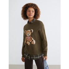 Lc Waikiki Yeni Sezon Ayı Desenli Oversize Kadın Triko Kazak