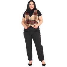 Disentis Modest Büyük Beden Düğme Kapamalı Cep Kapaklı Astarlı Kısa Çizgili Kaşe Vizon Yelek