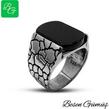 Besen Gümüş Siyah Taşlı Dikdörtgen Erkek Gümüş Yüzük