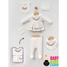 Baby Kids Colors Kutulu- Bebek Yaka Yenidoğan Kıyafetleri 5'li Hastane Çıkış Setleri Nakışlı Penye Zıbın Seti