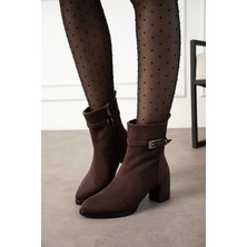 Dabab Shoes Kadın Kahve Süet Lucy Model Yandan Fermuarlı Sivri Burun Kısa Topuklu Bot