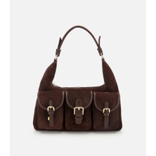 Hotiç Kadın Süet Deri Kahverengi Cepli Tokalı Omuz Çantası