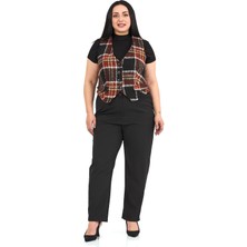 Disentis Modest Büyük Beden Düğme Kapamalı Cep Kapaklı Astarlı Kısa Çizgili Kaşe Siyah Yelek