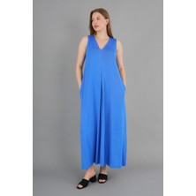 V Yaka Cep Detaylı Maxi Elbise