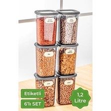 Vienev Etiketli Kare Erzak Saklama Kabı 6'lı Set Orta Boy 1,2 Litre Antrasit