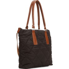 Newish Kadın Kapitone Kumaş Uzun Askılı El ve Omuz Çantası – Siyah Kahve – NEW365