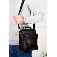 Newish Erkek Hakiki Deri Çapraz Uzun Askılı El ve Omuz Çantası Büyük Boy - Siyah - NEW360