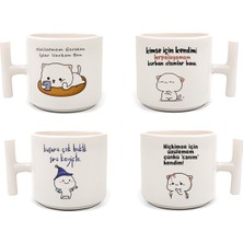 Yazılı Mochi Cat Baskılı 4 Lü Latte & Espresso Elyapımı T Kulplu Fincan