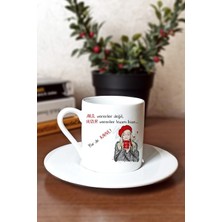 Caddemart | Huzur Lazım Bir De Kahve Kırmızı Bereli Karakter Baskılı Porselen Türk Kahvesi Fincanı