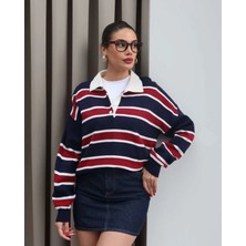 Çizgili Polo Yaka Oversize Triko Kazak