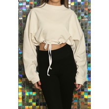 Sclouthe Kadın Baskılı Kuş Gözü Detaylı Kalın Şık Modern Crop Sweatshirt