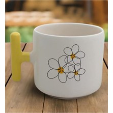Sarı T Kulp Papatya Çizimi Tasarımlı Latte Fincan Modeli