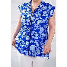 Roxxlen Kadın Büyük Beden Fermuarlı Çiçek Desenli Mavi Bluz