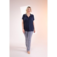 Roxxlen Kadın Büyük Beden Düğme Detaylı Bluz Lacivert Lila