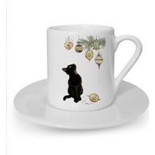 Yılbaşı Noel Temalı Sevimli Kedi Baskılı Beyaz Türk Kahvesi Fincanı