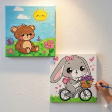 Dudu Gift TATİL-KARNE HEDİYESİ 2'li Tuval Boyama Seti 20x20 Cm Uv Baskı 6 Akrilik Boya 1 Fırça-model-183