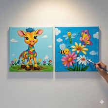 Dudu Ahşap Anaokulu İlkokul Etkinliği 2'li Tuval Boyama Seti 20 x 20 cm Uv Baskı + 6 Akrilik Boya + 1 Fırça Model 46