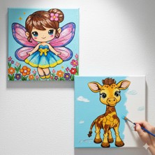 Dudu Gift TATİL-KARNE HEDİYESİ 2'li Tuval Boyama Seti 20 x 20 cm Uv Baskı 6 Akrilik Boya 1 Fırça model 191