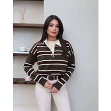 Çizgili Polo Yaka Oversize Triko Kazak