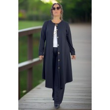 Yagmur Beren  Çan Kesim Cepli Düğmeli Kap Beli Lastikli Pantolon Büyük Beden Kadın Takım