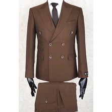 Jan Carlucci Slim Fit Geniş Sivri Yaka-Çift Yırtmaç Kahverengi Çift Cep Kruvaze Drop 6 Takım Elbise