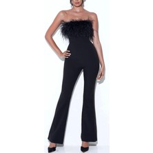 AGM Göğsü Otriş Detaylı Siyah Straplez Tulum,  Tüy Detaylı Straplez Yaka Abiye Tulum