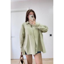 Rawea Fashion Poplin Kadın Yakalı Yandan Yırtmaçlı Arka Pens Detaylı Gömlek - Yeşil