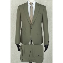 Jan Carlucci Slimfit Sivri Yaka-Çift Yırtmaç Yeşil Drop 6  Takım Elbise - Pantolonu Yüksek Kemer, Tokalı, Pileli, Bol Kesim