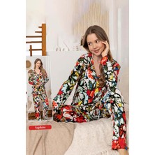Remsa Kadın Çiçek Desen Düğmeli Saphire Pijama Takımı 0357 Çok Renkli