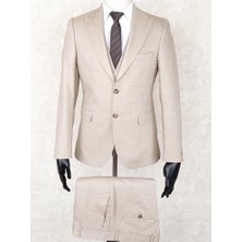 Jan Carlucci Slim Fit Sivri Yaka-Çift Yırtmaç Bejrengi  Drop 6 Yelekli Takım Elbise