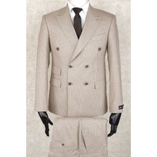 Jan Carlucci Slim Fit Geniş Sivri Yaka-Çift Yırtmaç Açık Kahve ( Bej) Çift Cep Kruvaze Drop 6 Takım Elbise