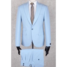 Jan Carlucci Buz Mavisi Slim Fit Çift Pileli- Tokalı Italyan Pantolon, Çift Cep Ceket Modelli  Drop 6 Takım Elbise