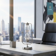 YNSK Gümüş Metal Döner Düz Çizgi Detay Kum Saati – 30 Dakikalık Modern Dekoratif Zaman Ölçer (35X15 Cm)