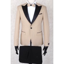 Jan Carlucci Slim Fit Sivri Yaka-Çift Yırtmaç  Bej Rengi Drop 6 Damatlık Smokin - Full Set Yelek, Gömlek, Papyon