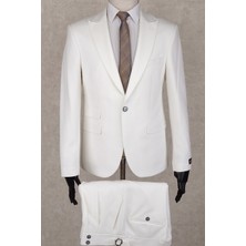 Jan Carlucci Beyaz Slim Fit Çift Pileli- Tokalı Italyan Pantolon, Çift Cep Ceket Modelli  Drop 6 Takım Elbise