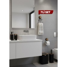 Okyanus Home 7 Parça Set Kare Mina Banyo Seti , Havluluk ve Wc Kağıtlık Siyah-Ahşap