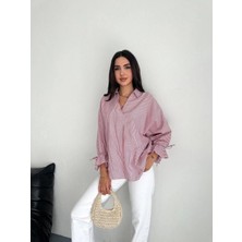 Rawea Fashion Kadın Arkası Asimetrik Yırtmaç Kesim Detaylı Cizgili Bluz Gömlek - Bordo