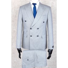 Jan Carlucci Slim Fit Geniş Sivri Yaka-Çift Yırtmaç Gri Çift Cep Kruvaze Drop 6 Takım Elbise