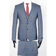 Jan Carlucci Slim Fit Sivri Yaka-Çift Yırtmaç  Gri Kareli Yelekli  Drop 6 Takım Elbise