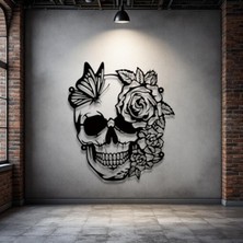 STE Kelebek ve Gül Desenli Kafatası Metal Tablo – 3D Gölgeli Modern Duvar Dekoru, Özel Hediye