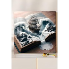 KutuTR 3D Görünümlü Temperli Cam Tablo–açık Kitaptan Çıkan Fırtına Gemisi Temalı Uv Baskı 33X33 CM-CTK130