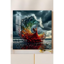 KutuTR 3D Görünümlü Temperli Cam Tablo – Renk Dalgasında Dans Eden Kadın Uv Baskı 33X33 CM-CTK149