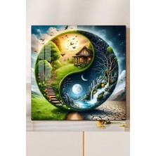 KutuTR 3D Görünümlü Temperli Cam Tablo – Yin Yang Doğa ve Zaman Temalı Uv Baskı 33X33 CM-CTK127