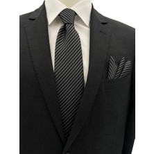 Brianze 7.5 cm Siyah Gri Çizgili Kravat Mendil Set