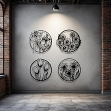 STE Metal Çiçek Duvar Dekoru Seti – 4 Parça Modern Minimalist Metal Tablo Salon Antre Ofis Dekorasyon