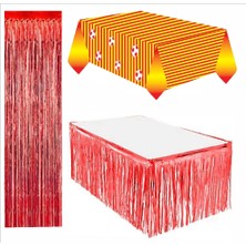 Zenviva Taraftar Sarı Kırmızı Masa Örtüsü, Kırmızı Masa Eteği, Kırmızı Arka Fon