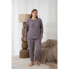 Eyfuze kadın Büyük Beden Desenli Yakası Düğmeli Uzun Kollu Kışlık Pijama Takımı