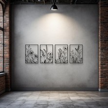 STE Doğal Çiçek Desenli 4 Parça Metal Duvar Dekoru – Modern Minimalist Sanat Seti