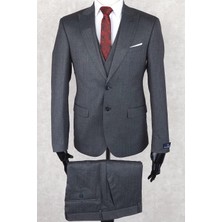 Jan Carlucci Slim Fit Sivri Yaka-Çift Yırtmaç Antrasit Çizgili Kombinli  Drop 6 Yelekli Takım Elbise